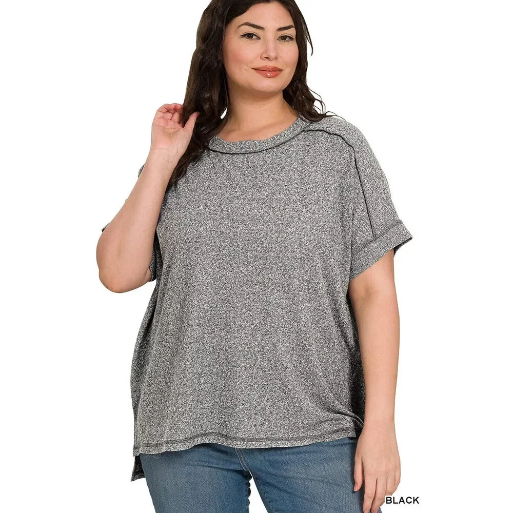 Zenana Full Size Soft Melange Hacci Short Sleeve Hi-low Tee Plus Size